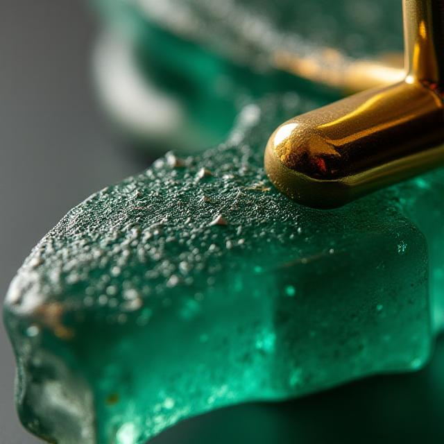 Dettaglio di una scultura geometrica in ottone e vetro