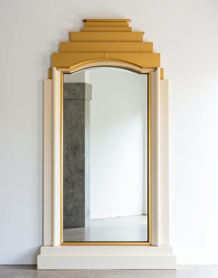 Specchio intarsiato con cornice dorata geometrica